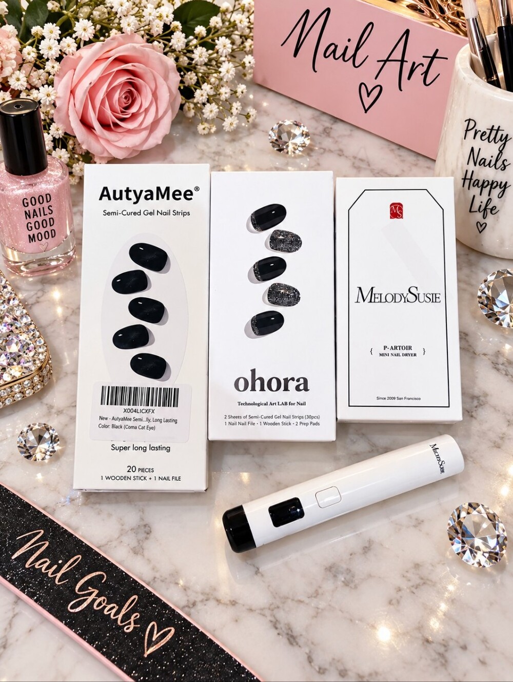 Ohora Black Semi-Cured Gel Nail Strips & Light NEW